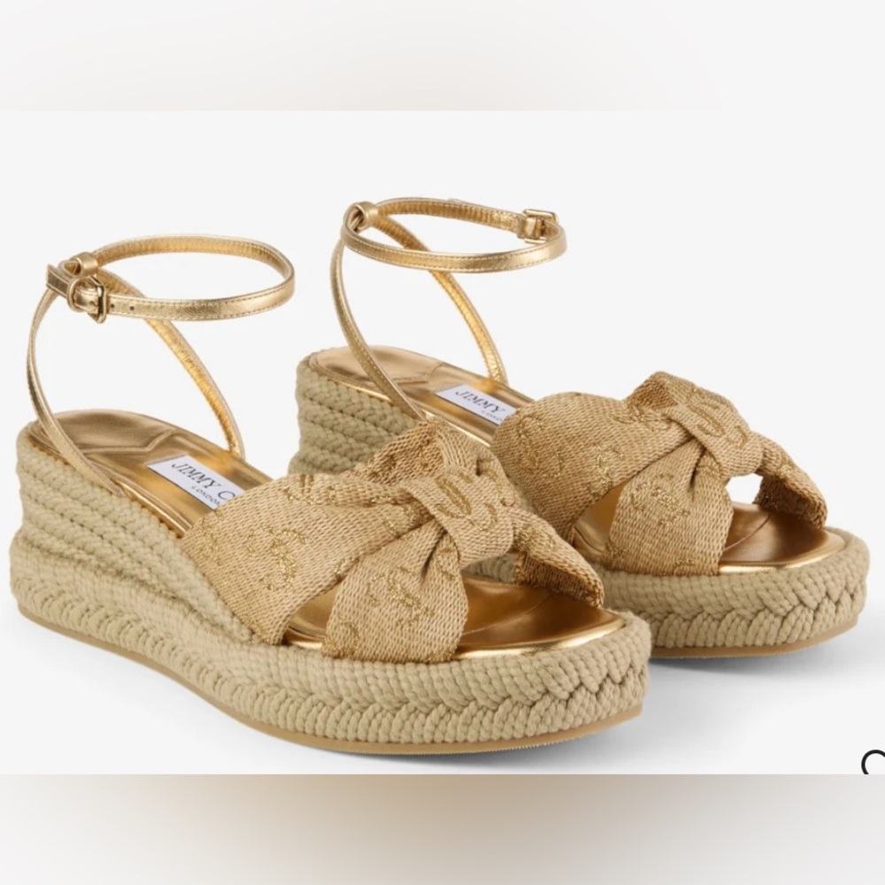 Jimmy Choo Gold Raffia Wedge Sandals - Picture 2 of 12